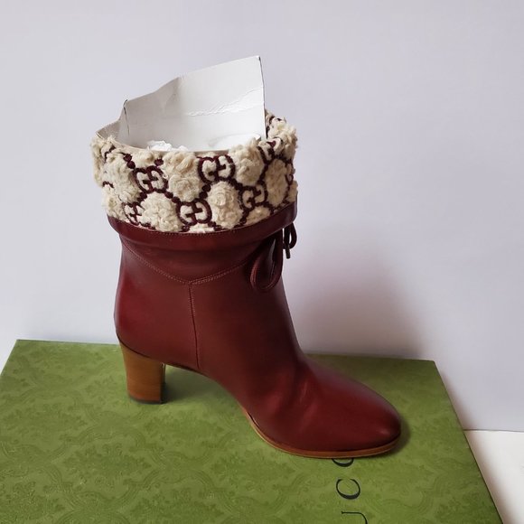 NIB Gucci bordeaux leather GG Shearling Effect Knee-High Boots - IT 39.5/US 9.5 - Picture 4 of 8